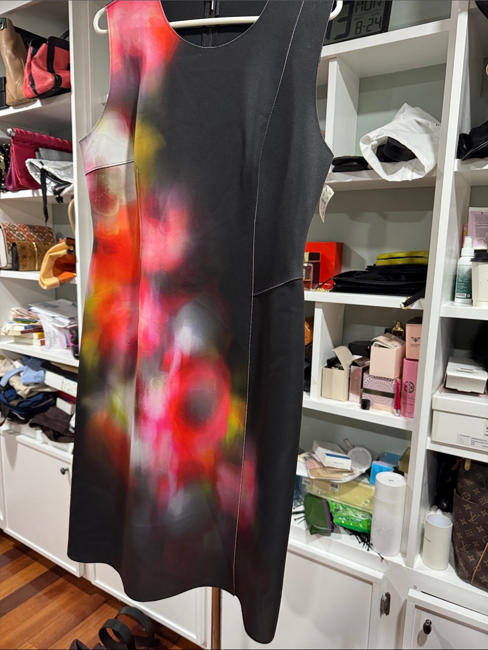 Elie Tahari Black A-Line Dress with Pink and Red Floral Print